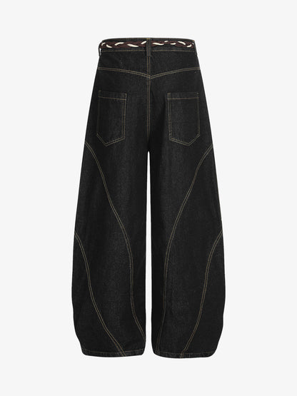 Denim Retro Belt Detail With Patchwork Barrel Jeans - 2490 