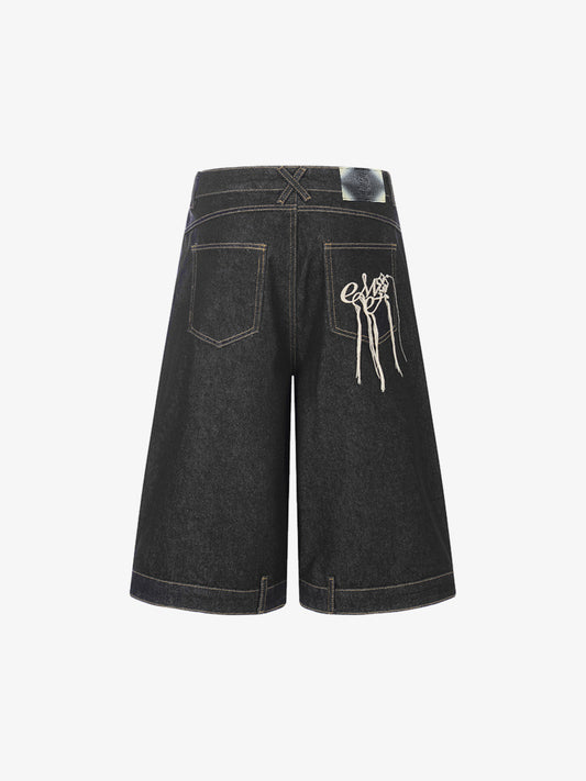 Retro Contrast Stitching Curved Leg Denim Jorts