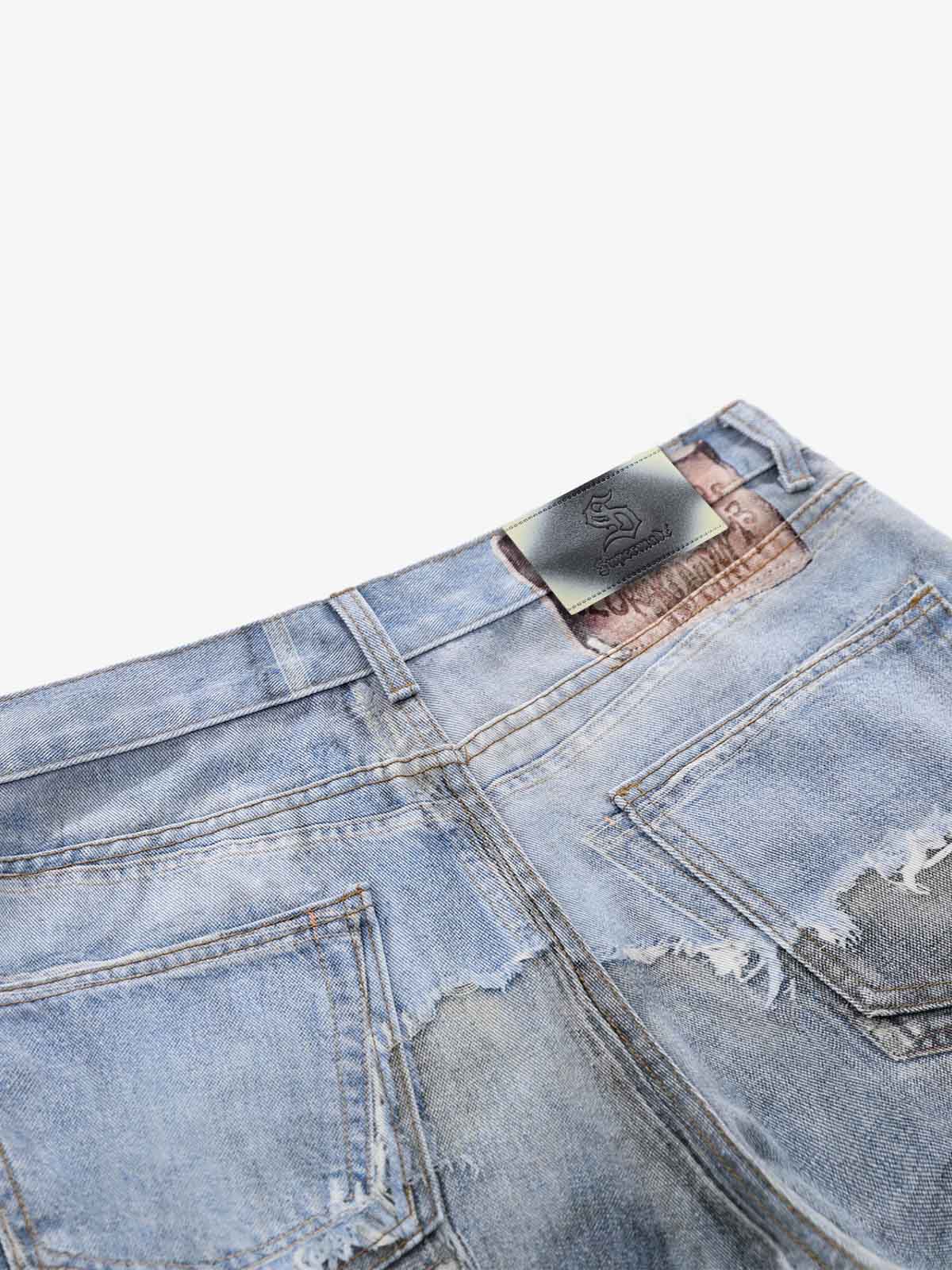 Vintage Distressed Print Wide Leg Jeans