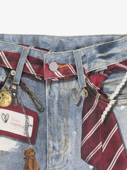Tie Graphic Print Vintage Wash Wide Leg Denim Jeans 