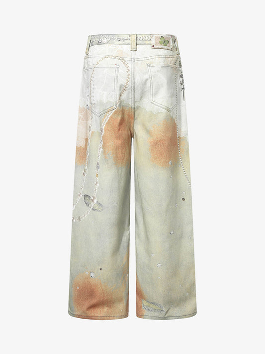 Street Tie-Dye Distressed Chain Detail 3D Printed Jeans 