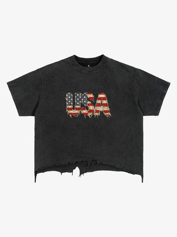 Ripped USA Flag Casual T-Shirt