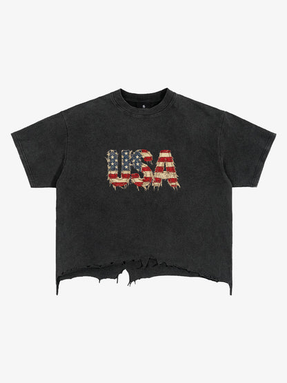 Ripped USA Flag Casual T-Shirt
