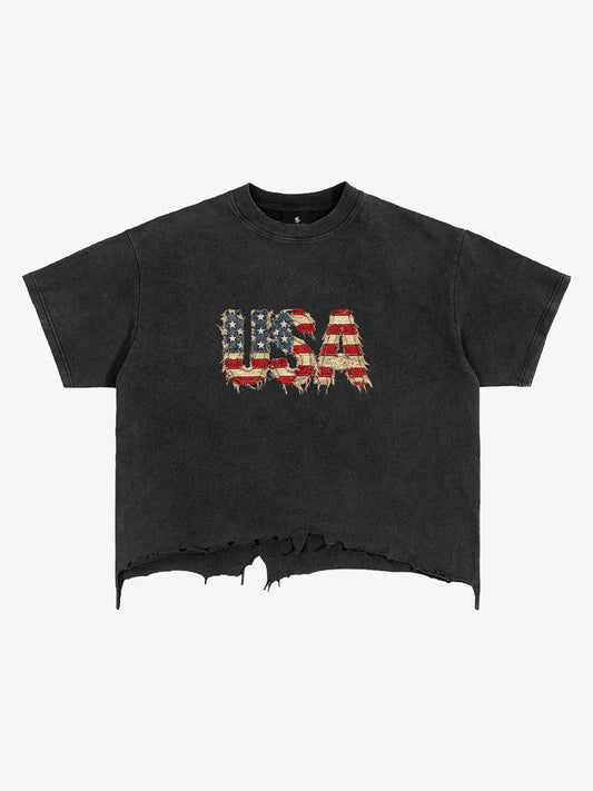 Ripped USA Flag Casual T-Shirt