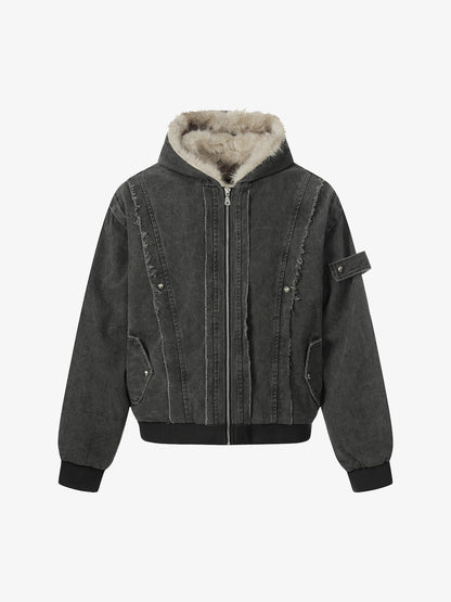 Retro Washed Fleece-lined Hooded Work Jacket 