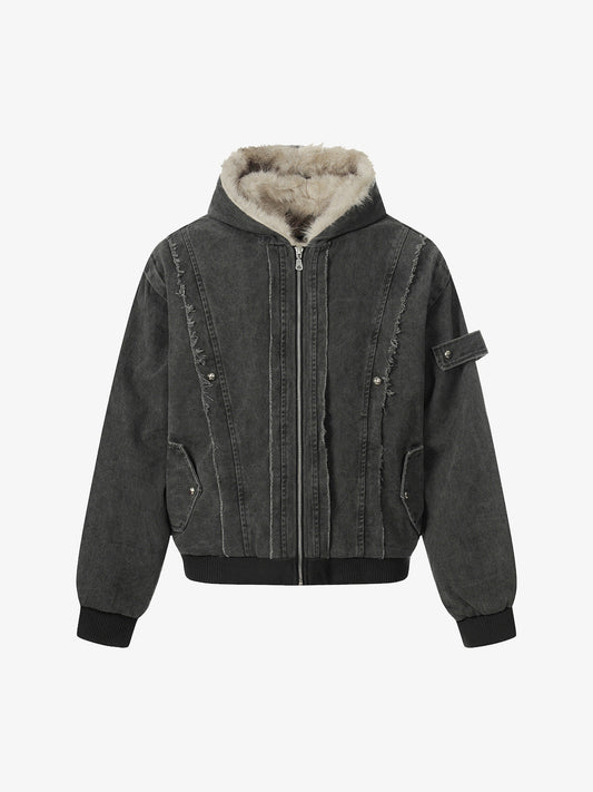 Retro Washed Fleece-lined Hooded Work Jacket 