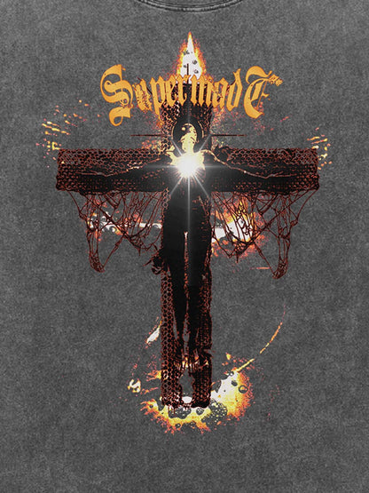 Washed Gothic Cross Graphic T-Shirt 