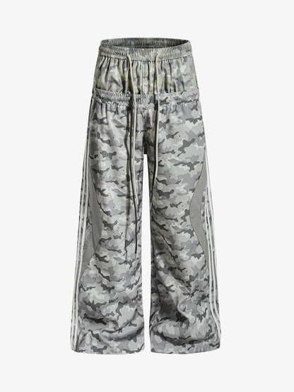 Double Waistband Elastic Waist Camo Side Panel Wide Leg Pants 
