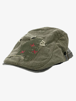 Distressed Patchwork Embroidered Cotton Flat Cap 
