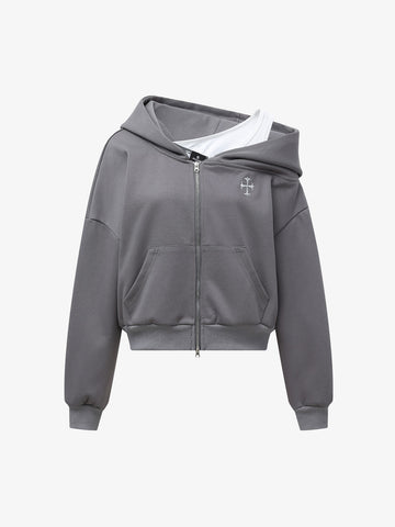 Off-Shoulder Layered Zip-Up Cropped Hoodie