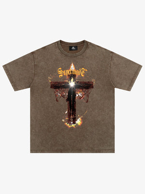 Washed Gothic Cross Graphic T-Shirt 