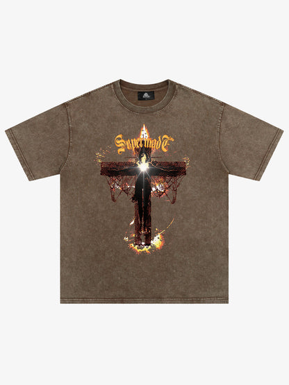 Washed Gothic Cross Graphic T-Shirt 