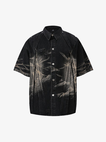 Washed Black Branch Print Deconstructed Denim Set 