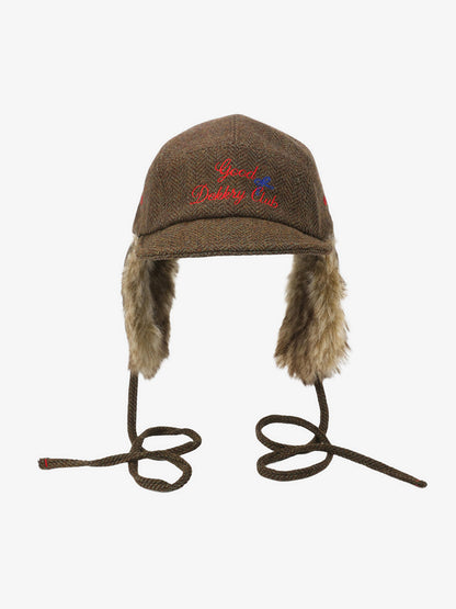 Retro Tweed Plush Earflap Embroidered Letter Cap 