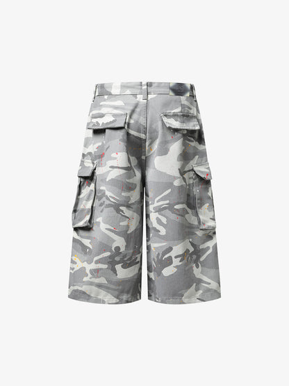 Camo Cargo Shorts with Paint Splatter – Relaxed Fit Utility Streetwear