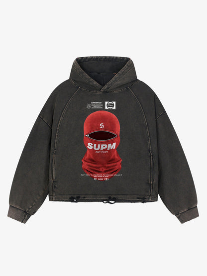 Retro Bandit Hat Graphic Distressed Cropped Hoodie 