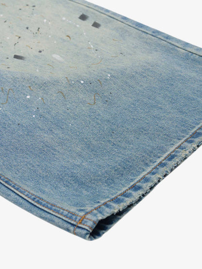 Washed Distressed Ink-Splashed Denim Shorts 