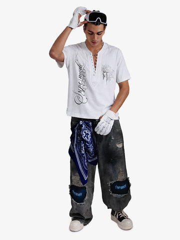 Irregular V-Neck Graphic T-Shirt