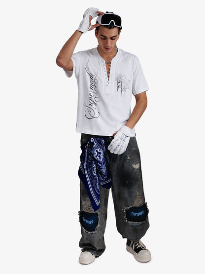 Irregular V-Neck Graphic T-Shirt