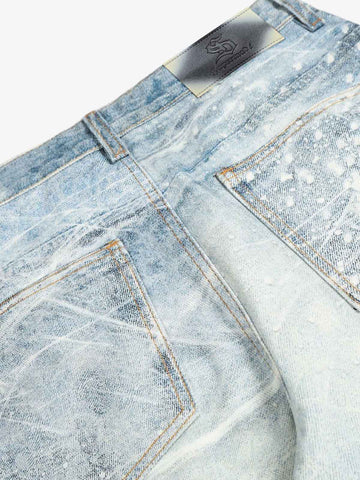 Vintage Washed Rhinestone Wide Leg Denim Jeans 
