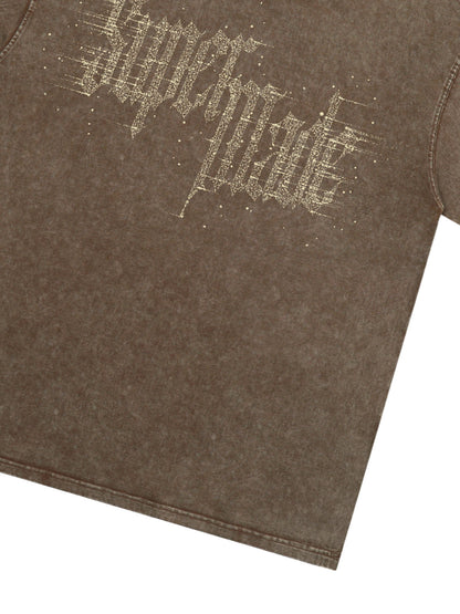 Washed Gothic Letter Imitation Diamond T-Shirt 