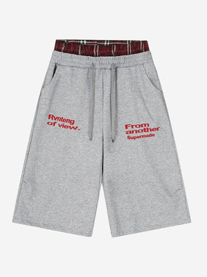 Embroidered Letter Plaid Patchwork Sporty Shorts