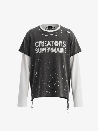Faux Two-Piece Distressed Long Sleeve Tee