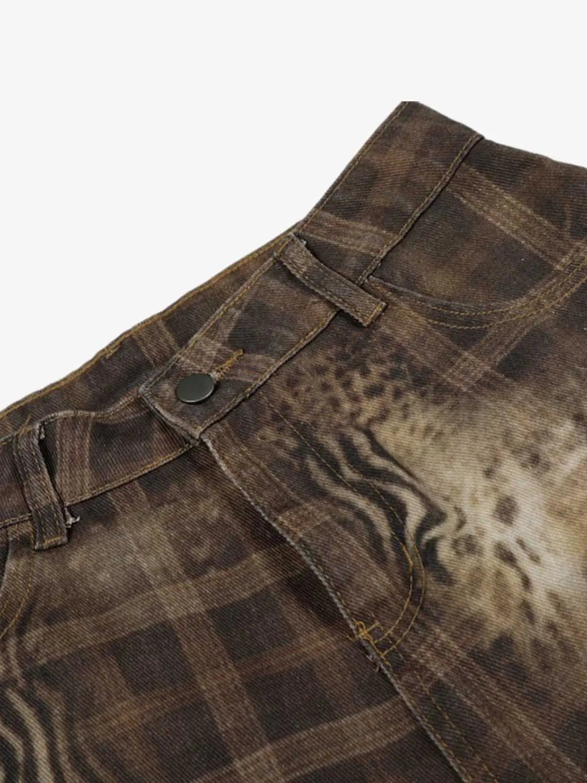 Plaid Leopard Print Cargo Barrel Jeans 