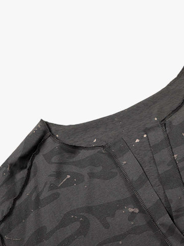 Distressed Camo Paint Splatter V-Neck Henley T-Shirt 