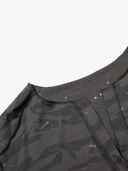 Distressed Camo Paint Splatter V-Neck Henley T-Shirt 