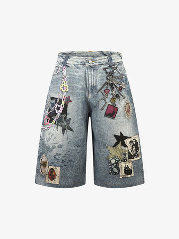 Charm Detail Graphic Denim Shorts