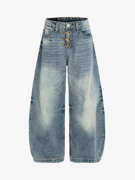 Washed Metal Hook Front Design Barrel Jeans 