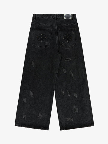 Vintage Washed Distressed Metal Ring Baggy Jeans 