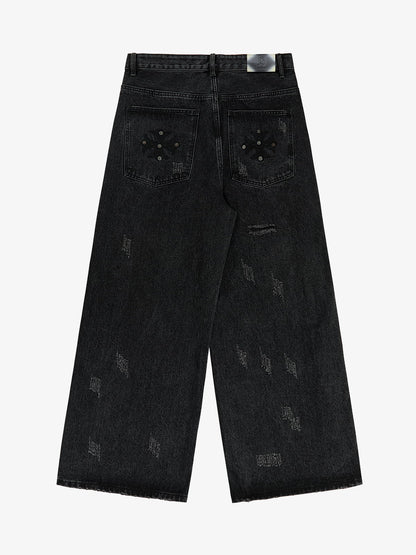 Vintage Washed Distressed Metal Ring Baggy Jeans 