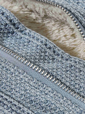 Washed Embroidered Fur-Lined Denim Bomber Jacket 