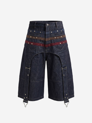 Vintage Star Studded Panel Wide Leg Shorts