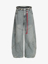 Denim Retro Belt Detail With Patchwork Barrel Jeans - 2490 