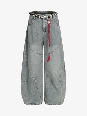 Denim Retro Belt Detail With Patchwork Barrel Jeans - 2490 