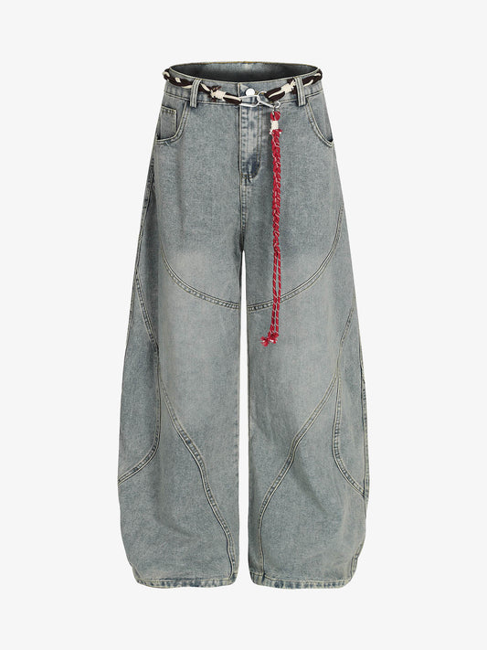 Denim Retro Belt Detail With Patchwork Barrel Jeans - 2490 