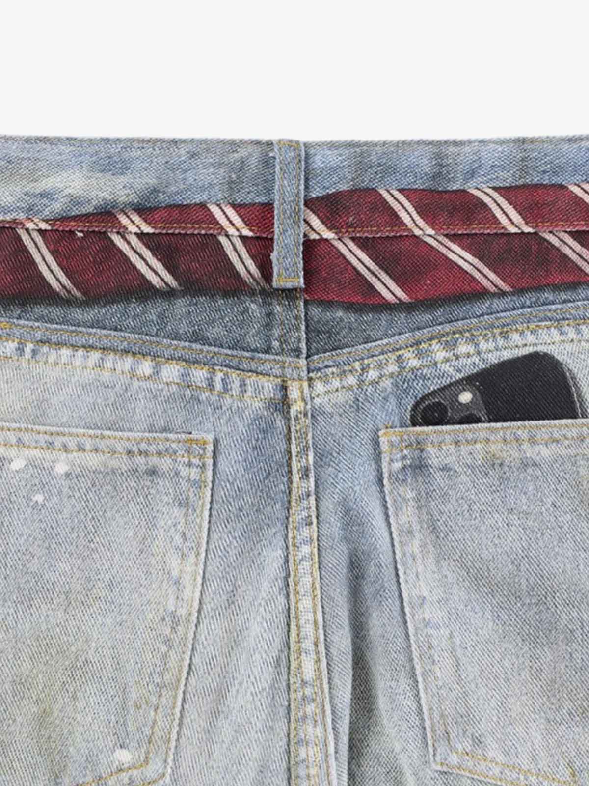 Tie Graphic Print Vintage Wash Wide Leg Denim Jeans 