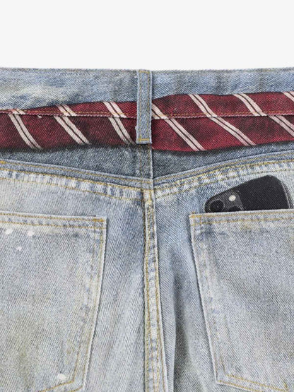 Tie Graphic Print Vintage Wash Wide Leg Denim Jeans 