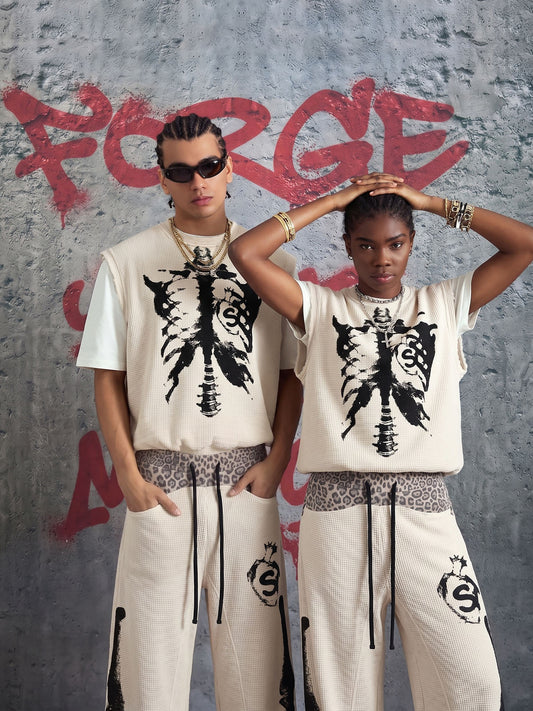 Skeleton Graphic Sleeveless Top and Pants Set - 2628 