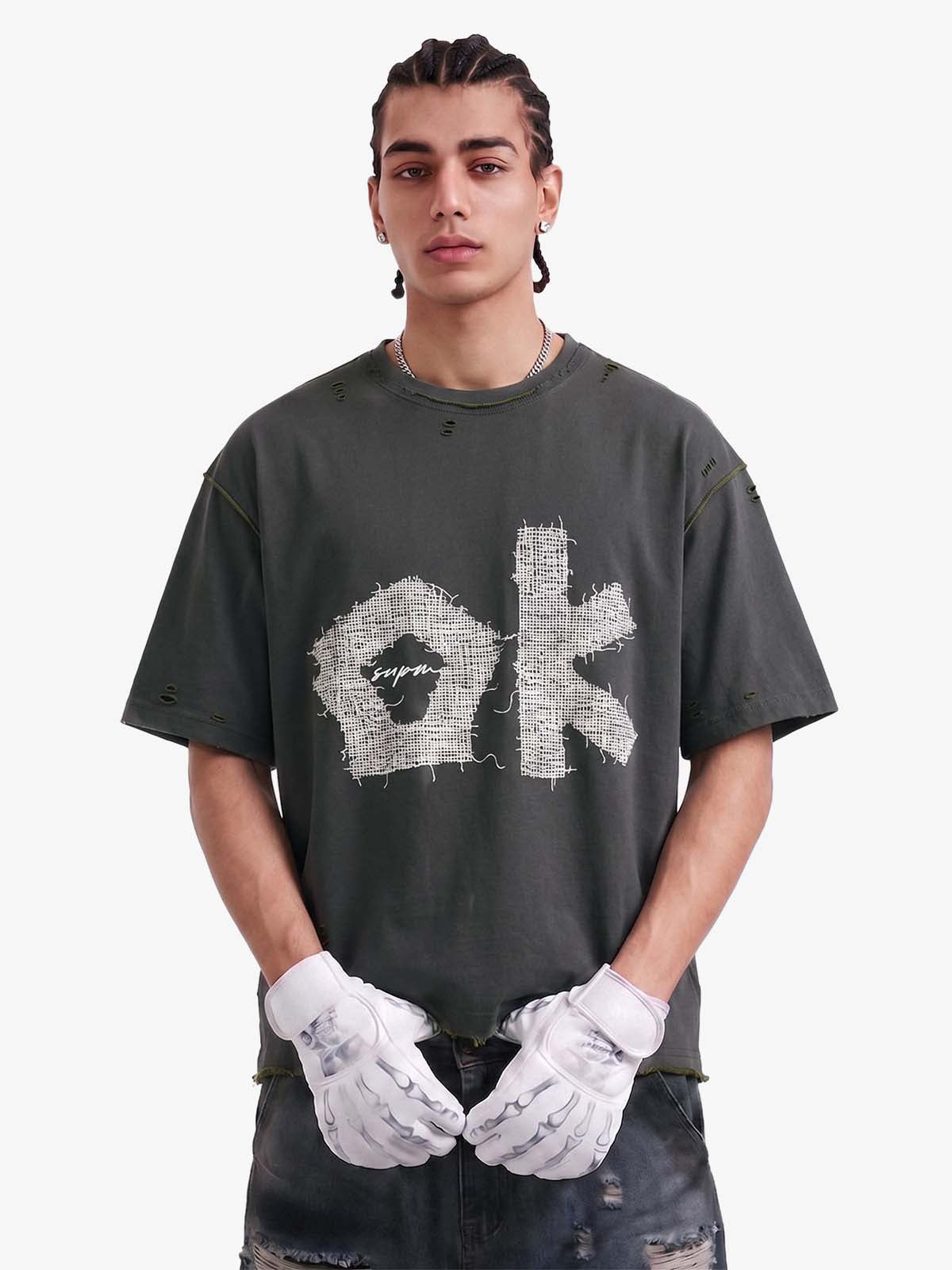 "OK" Patch Color-Block Ripped Reversible T-Shirt