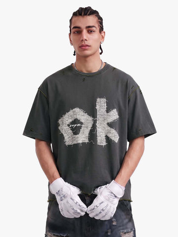 "OK" Patch Color-Block Ripped Reversible T-Shirt