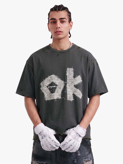 "OK" Patch Color-Block Ripped Reversible T-Shirt