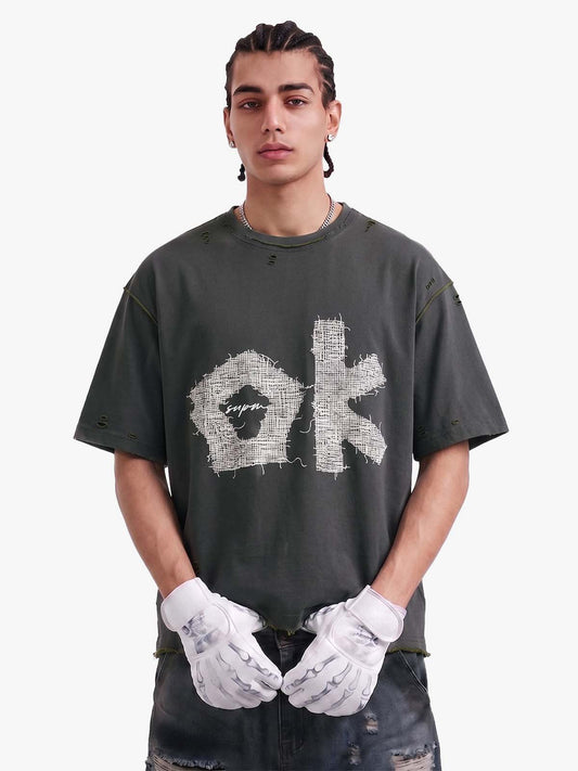 "OK" Patch Color-Block Ripped Reversible T-Shirt