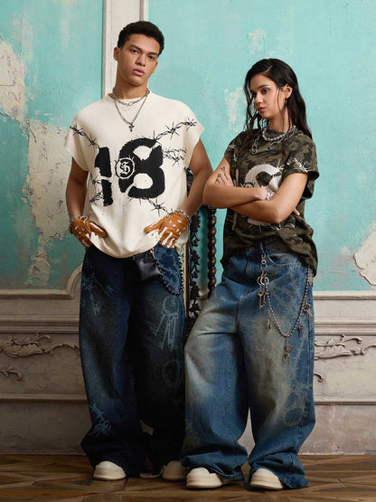 Supermade Thorn and Key Pattern Laser-Burnout Retro Baggy Jeans 
