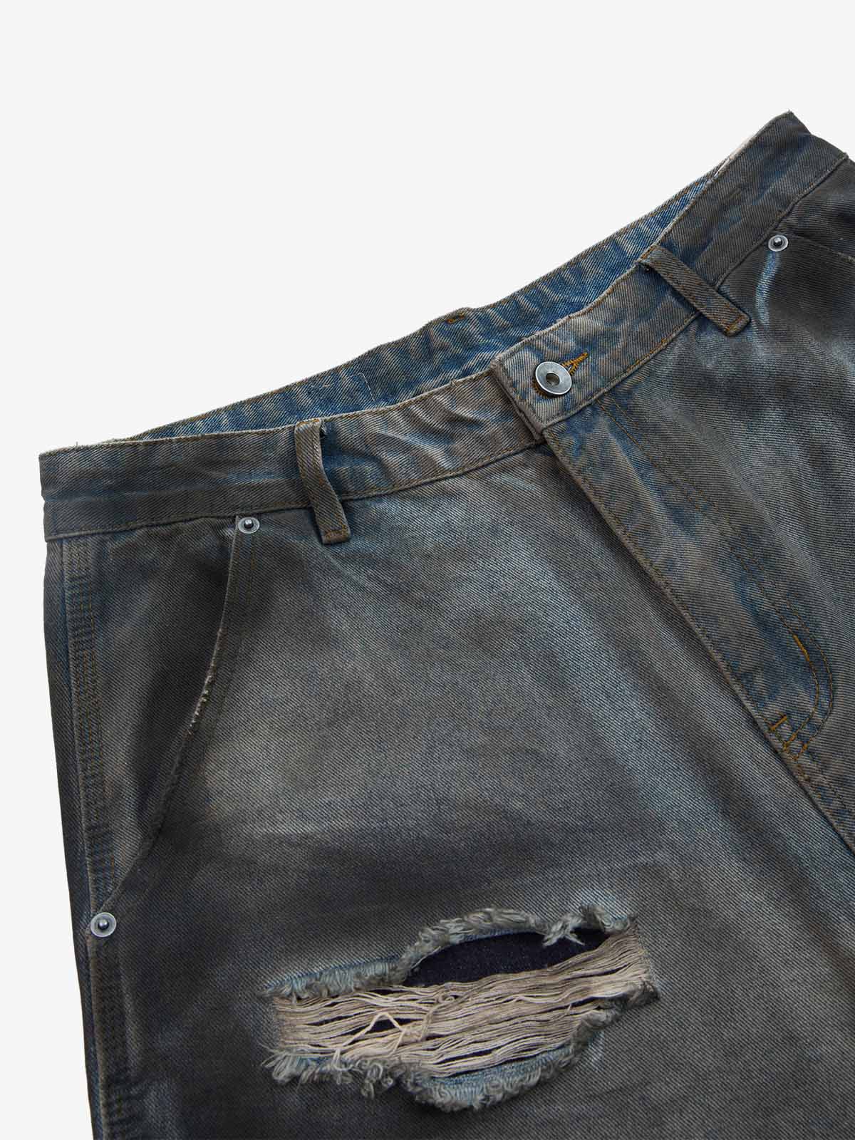 Distressed Washed Ripped Letter Patchwork Wide Leg Jeans 