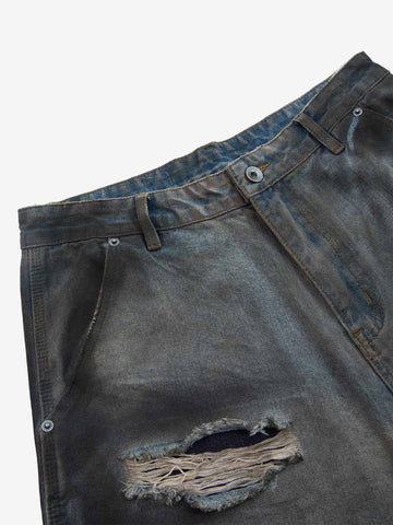 Distressed Washed Ripped Letter Patchwork Wide Leg Jeans 