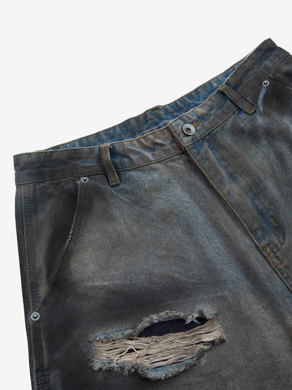 Distressed Washed Ripped Letter Patchwork Wide Leg Jeans 